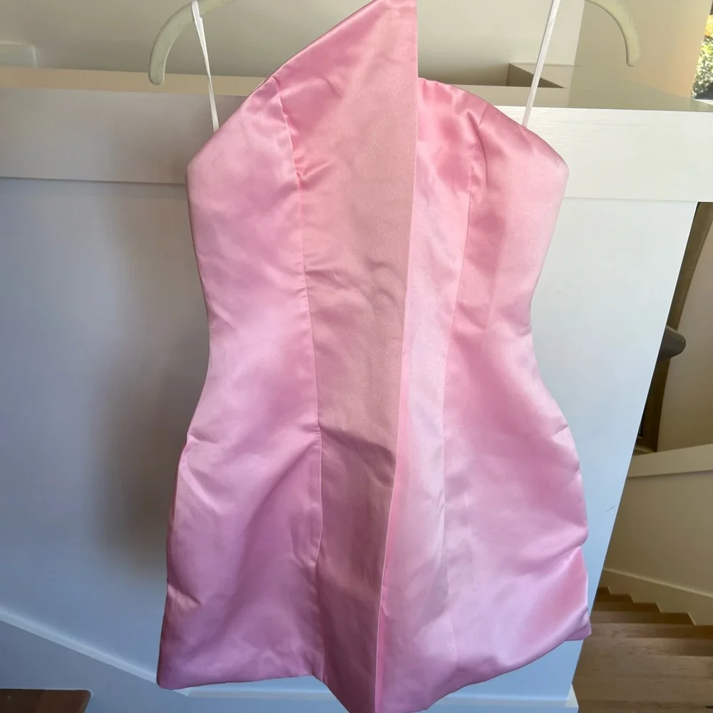 Commense Light Pink Gold Satin Asymmetrical Embellished Strapless Dress Medium - Picture 12 of 14